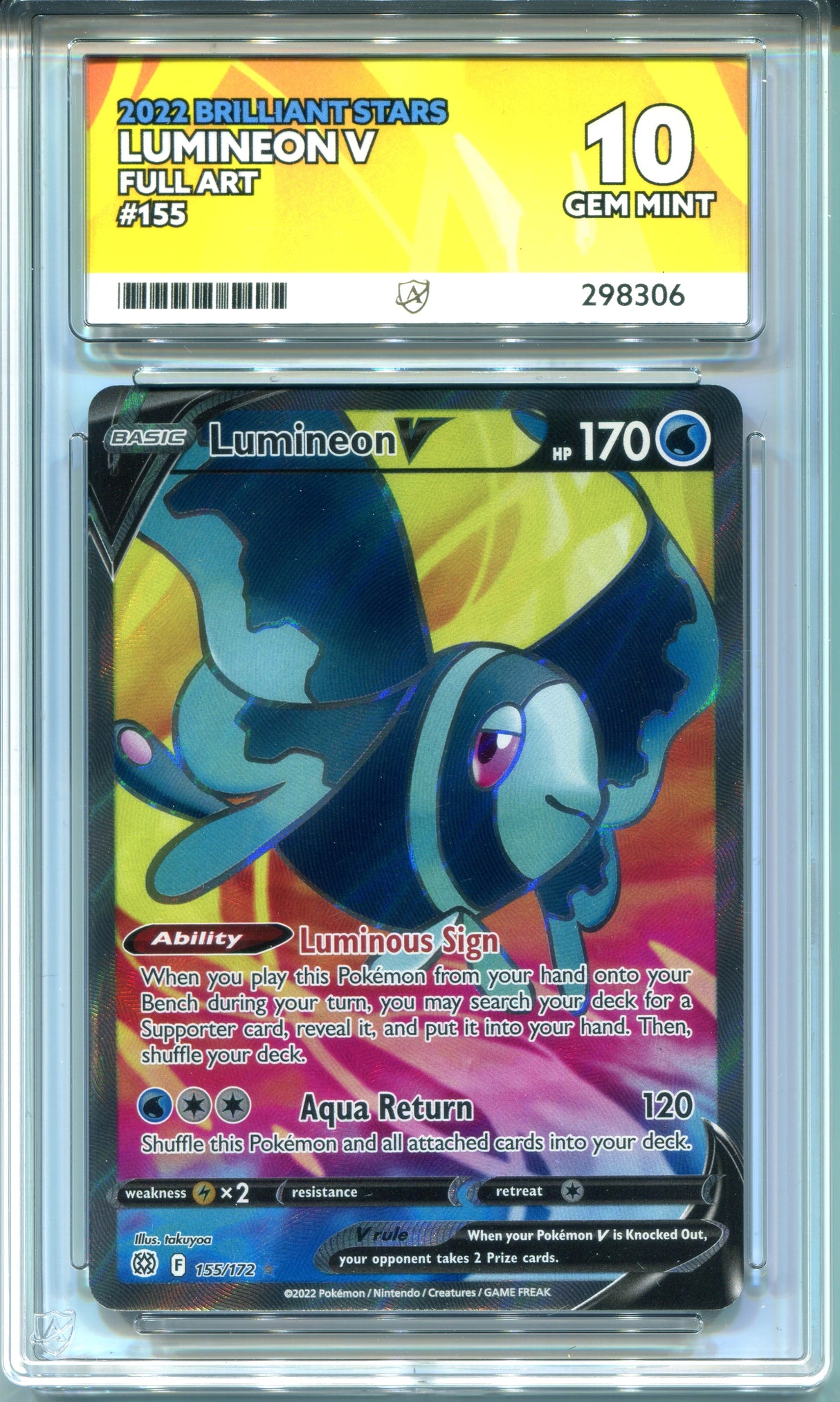 Pokemon - Brilliant Stars - Lumineon V - 155/172 - Ace Grading - Grade 10 Gem Mint