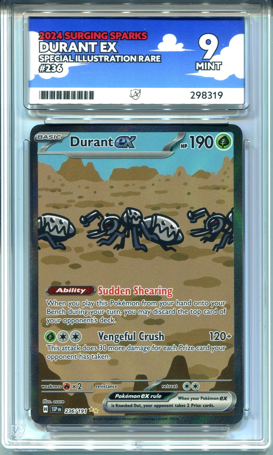 Pokemon - Surging Sparks - Durant ex - 236/191 - Ace Grading - Grade 9 Mint