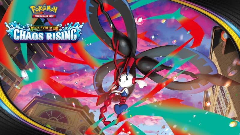 Official Mega Evolution: Chaos Rising promotional artwork showing the set logo with a Pokémon surrounded by dramatic swirling chaotic energy in vibrant red, purple, and teal colours
