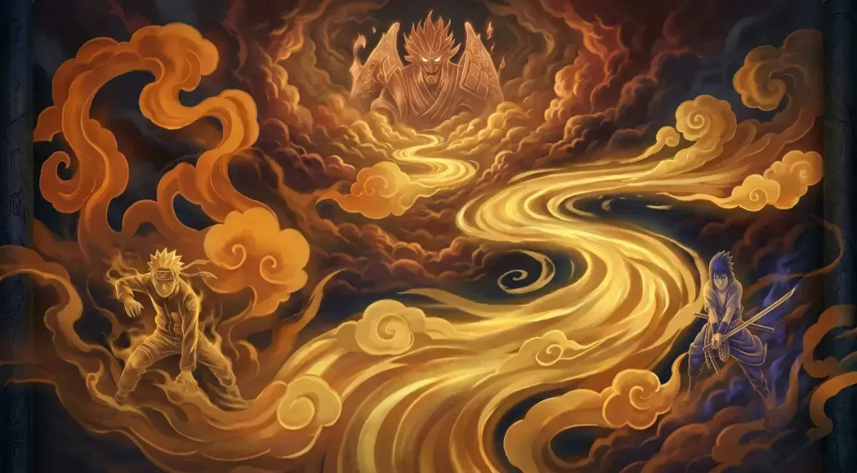 Dramatic artwork showing Naruto characters including Naruto Uzumaki and Sasuke surrounded by swirling golden clouds and mystical energy