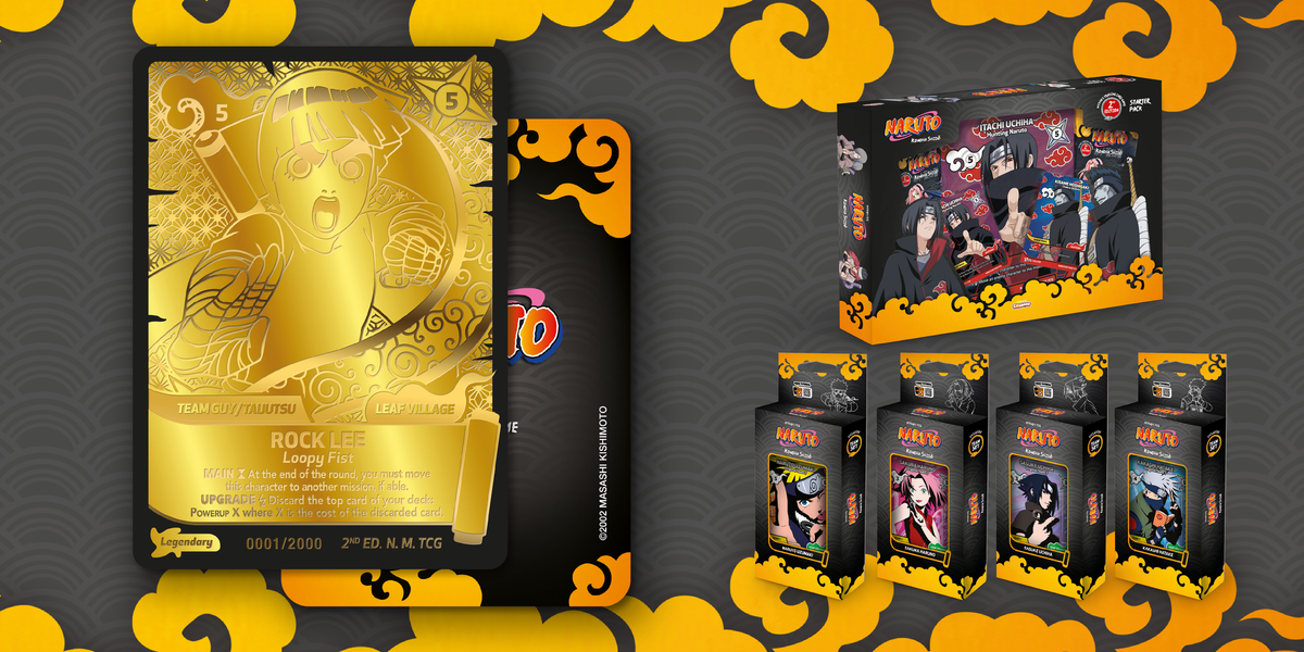 Gold Rock Lee card from Naruto Mythos TCG 2nd Edition alongside product packaging showing booster boxes and special packs with Akatsuki theme