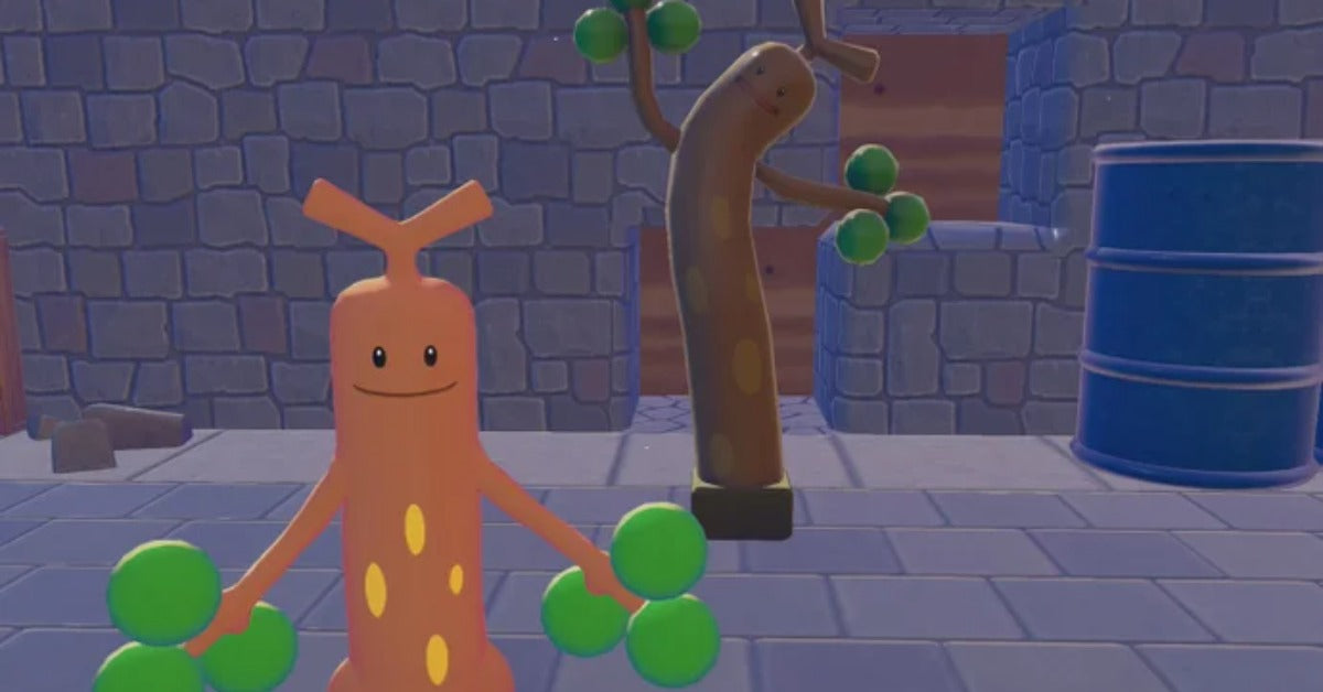 A Ditto character in Pokémon Pokopia with a thought bubble, standing next to an inflatable Sudowoodo decoration with green pom-poms on stone steps