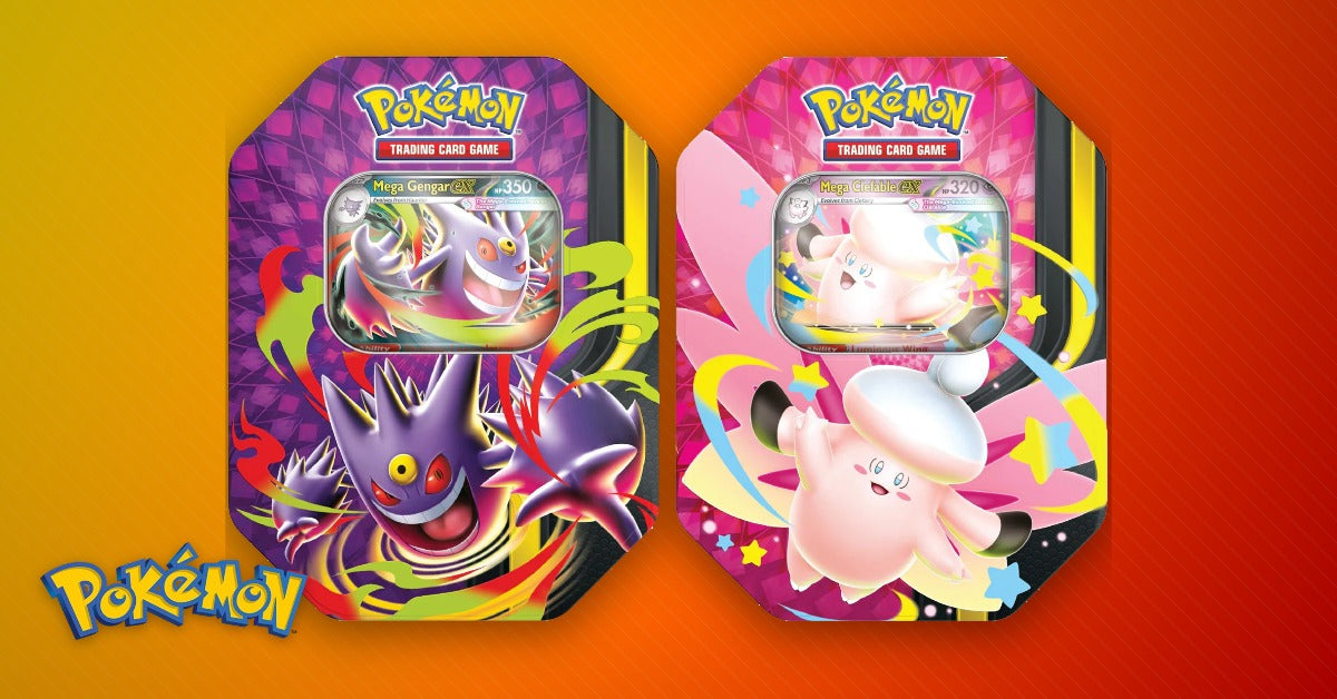 Two Mega Moonlit Tins side by side showing Mega Crobat ex in dark purple and black on the left and Mega Gardevoir ex in pink and white tones on the right