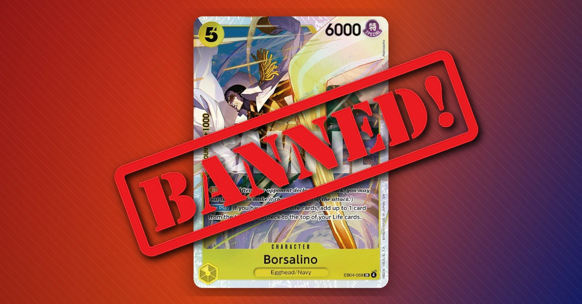 Three One Piece Card Game card backs with a red prohibition symbol overlaid on the middle card, representing banned cards in the TCG