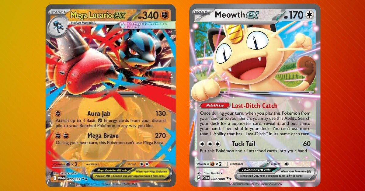 Mega Lucario ex card showing 340 HP alongside Maximum Belt trainer card against orange Pokemon logo background