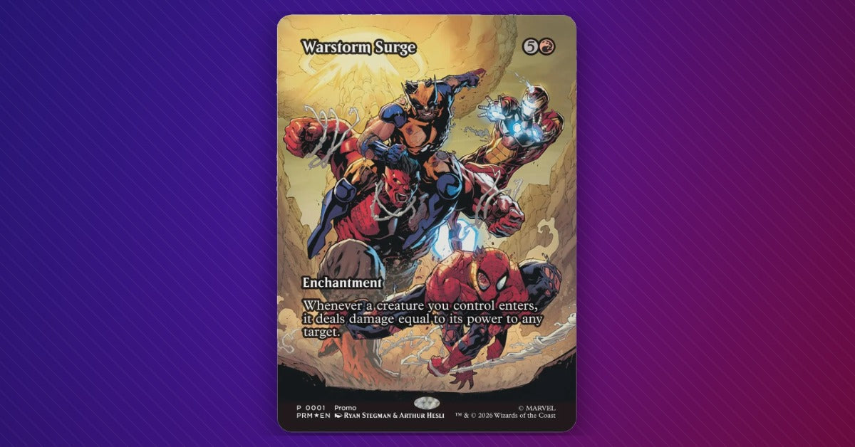 MTG Warstorm Surge promo card featuring Marvel heroes in action, with the card's enchantment text and promo designation visible