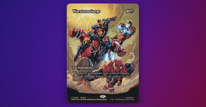 MTG Warstorm Surge promo card featuring Marvel heroes in action, with the card's enchantment text and promo designation visible