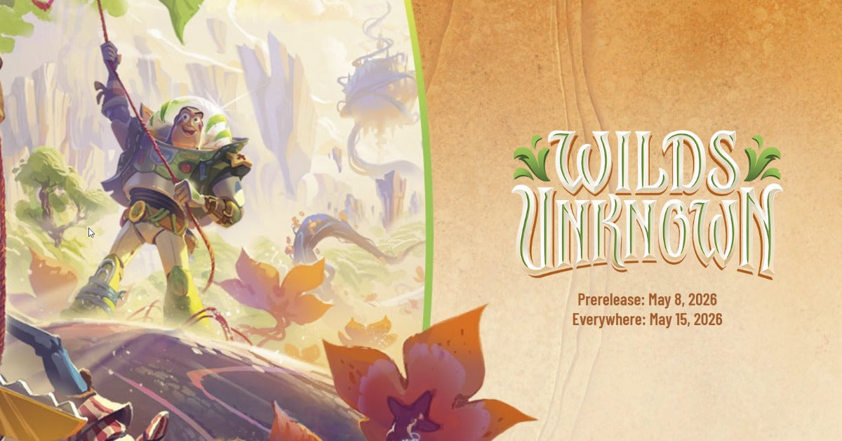 Disney Lorcana Wilds Unknown booster box showing Toy Story, Brave and The Incredibles artwork with adventure-themed jungle background
