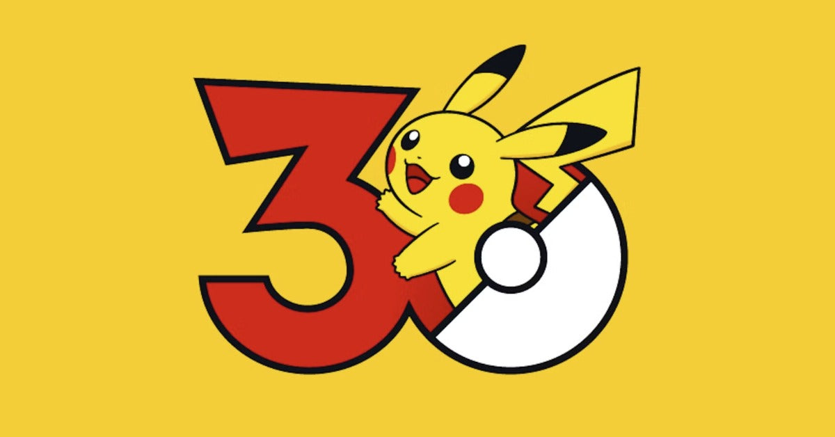 Pokemon 30th anniversary logo showing Pikachu with a red '30' and Pokeball, commemorating 'Pokemon: Since 1996'