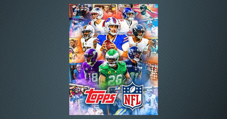 Topps NFL trading card promotional image featuring various NFL players in team uniforms with Topps and NFL logos