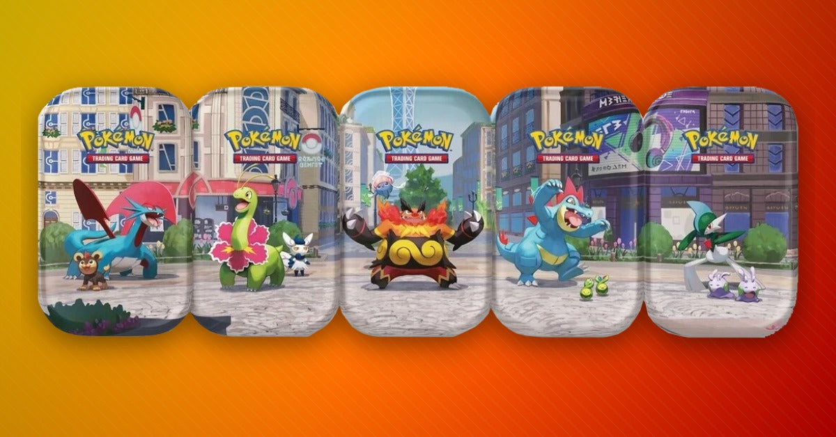 Five Pokémon TCG Lumiose City mini tins arranged in a row showing the complete panoramic artwork of the city with various Pokémon characters in the foreground