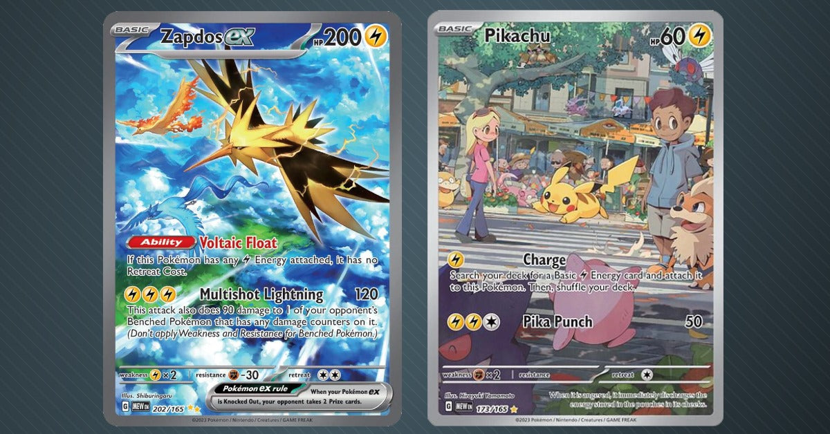 Charizard ex and Poliwhirl cards from Pokemon 151 set displayed against grey background with Pokemon logo