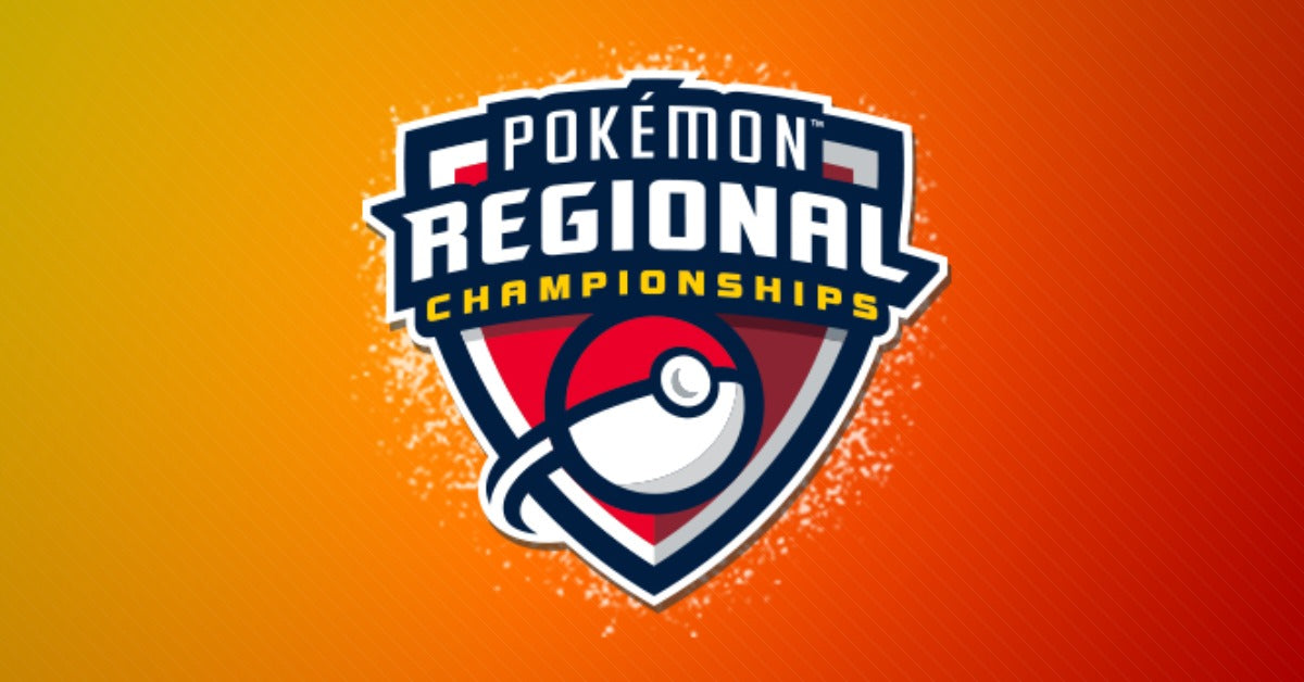 Pikachu celebrating next to the official Pokémon Regional Championships logo with colourful rainbow background