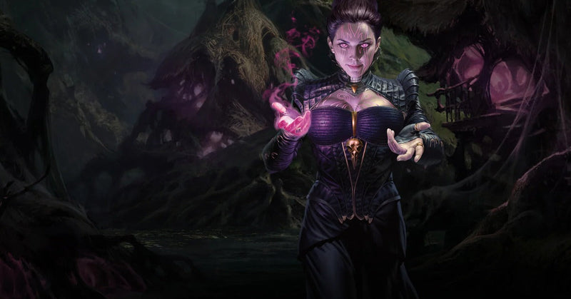 Dramatic fantasy artwork showing a fiery red-skinned creature with horns wielding blue magical energy, surrounded by flames and mystical power