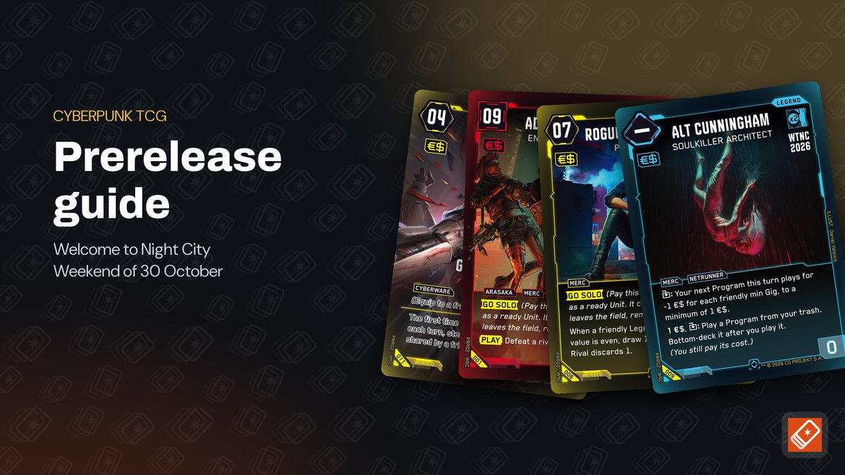 Cyberpunk TCG prerelease promo cards Gorilla Arms, Adam Smasher, Rogue and Alt Cunningham with the WTNC 2026 stamp