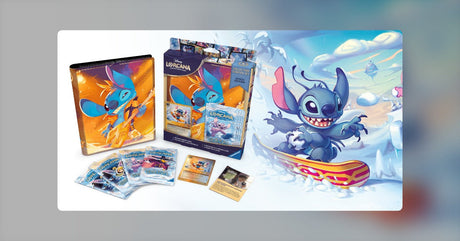 Disney Lorcana Collection Starter Set product box featuring Stitch artwork, surrounded by Frozen-themed character illustrations of Elsa and Anna