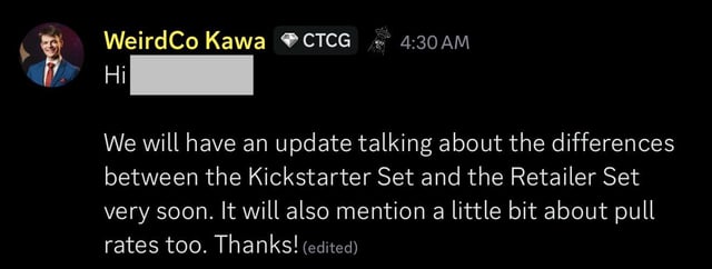 Discord screenshot from WeirdCo Kawa announcing upcoming details about differences between Kickstarter and retail Cyberpunk TCG sets