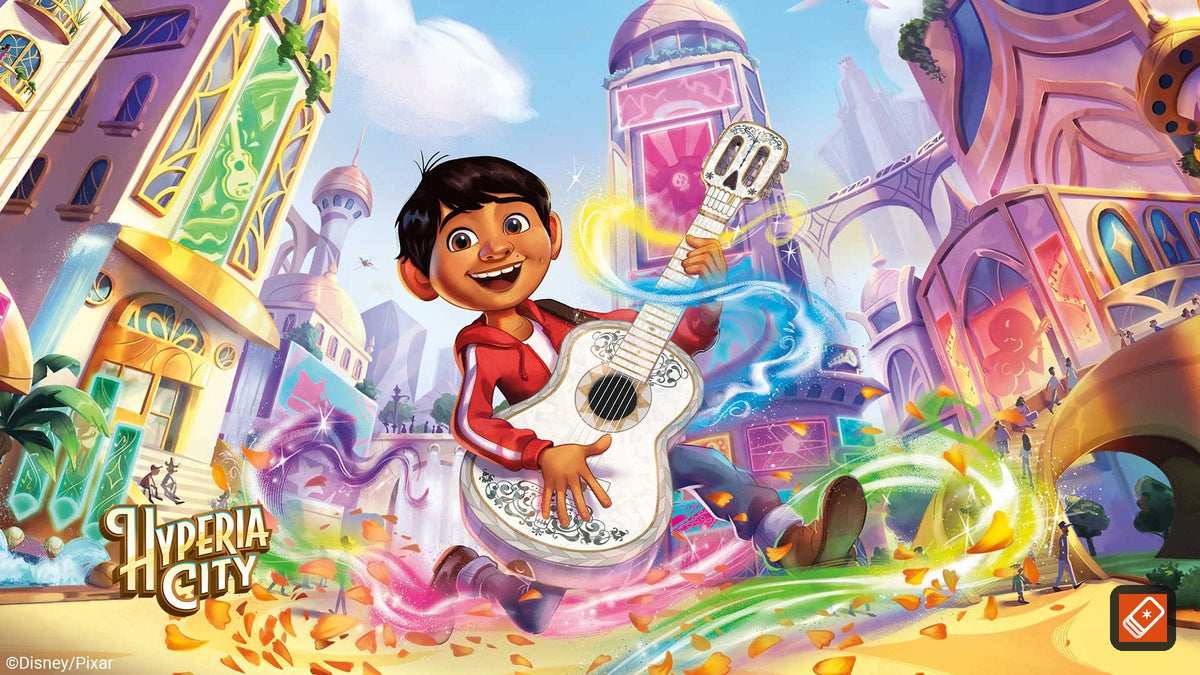 Disney Lorcana Hyperia City key art: Miguel from Coco playing his guitar through the city streets, with the Hyperia City logo
