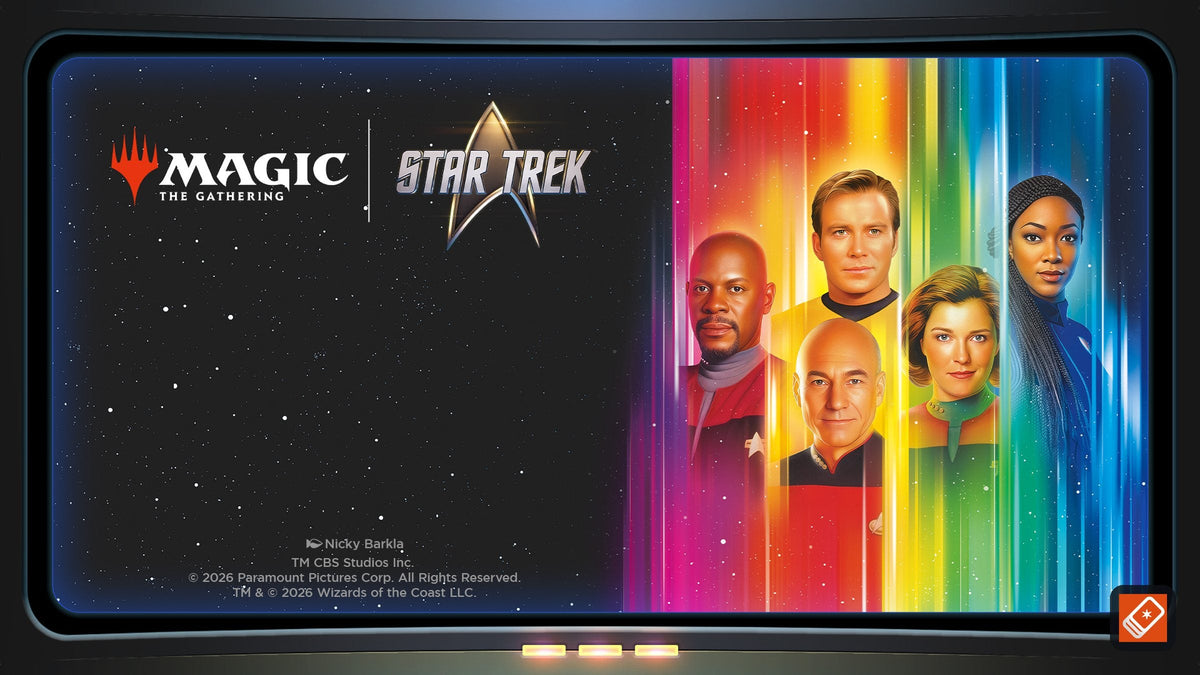 Magic: The Gathering Star Trek key art with Sisko, Kirk, Picard, Janeway and Burnham beside the Magic and Star Trek logos