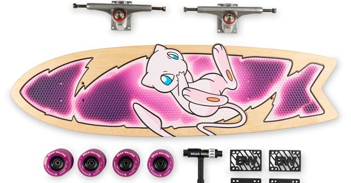 Purple gradient Mew skateboard deck displayed alongside its premium packaging box with trucks, wheels and accessories