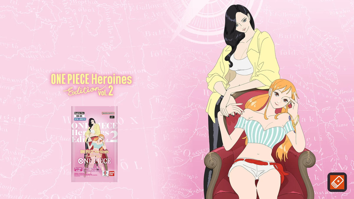 One Piece Card Game EB-05 Heroines Edition vol.2 logo and English booster pack with Nico Robin and Nami key art