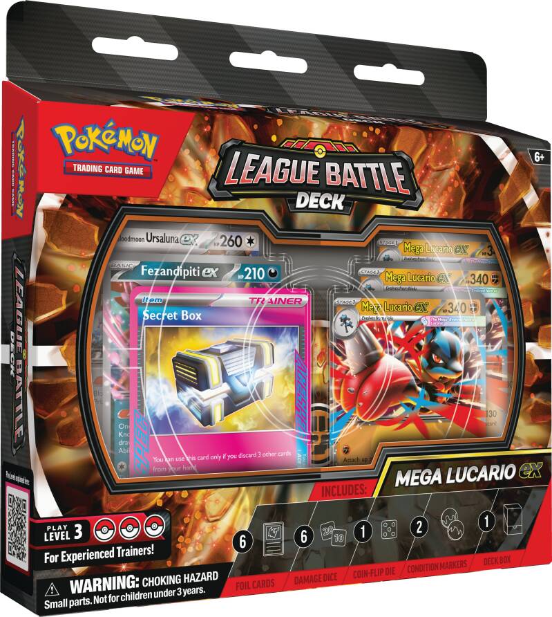 Mega Lucario ex League Battle Deck packaging showing the deck box and featured Pokemon card