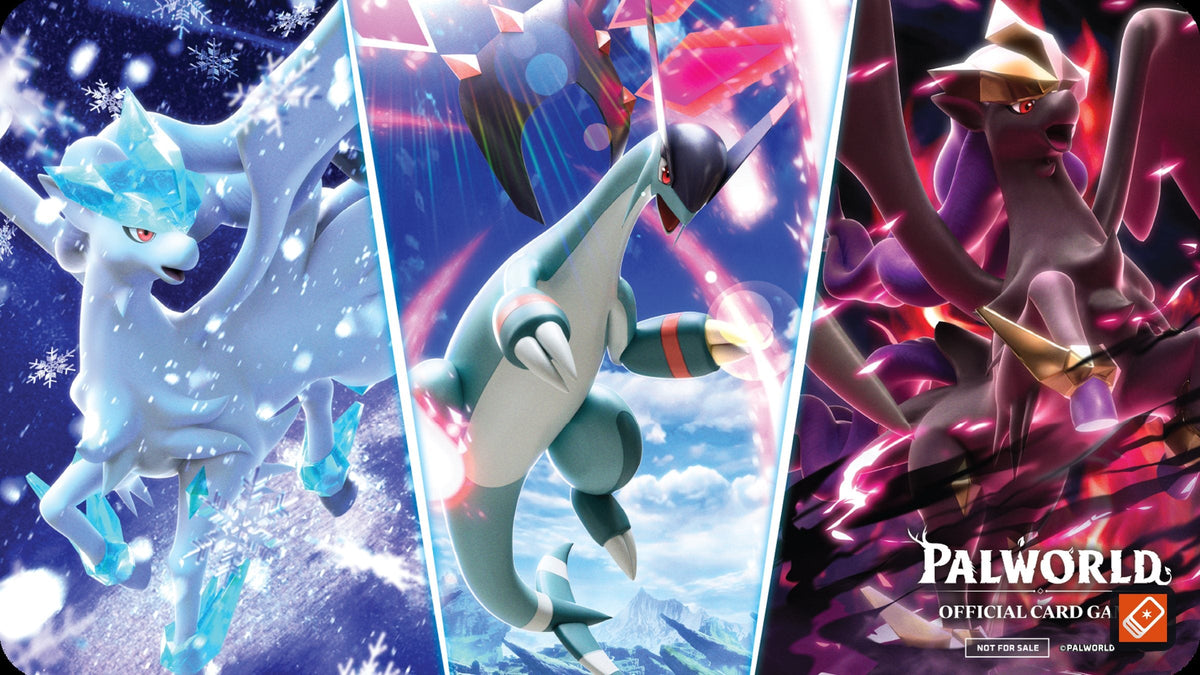Frostallion, Jetragon and Frostallion Noct artwork from the Palworld TCG Legends Awaken Release Tournament playmat