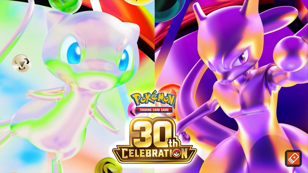Mew and Mewtwo key art with the Pokémon Trading Card Game 30th Celebration logo