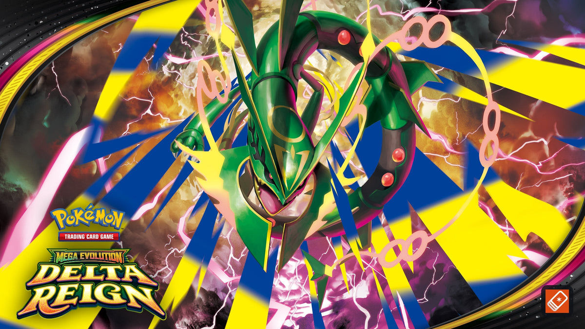 Mega Rayquaza ex key art with the Pokémon TCG Mega Evolution Delta Reign logo