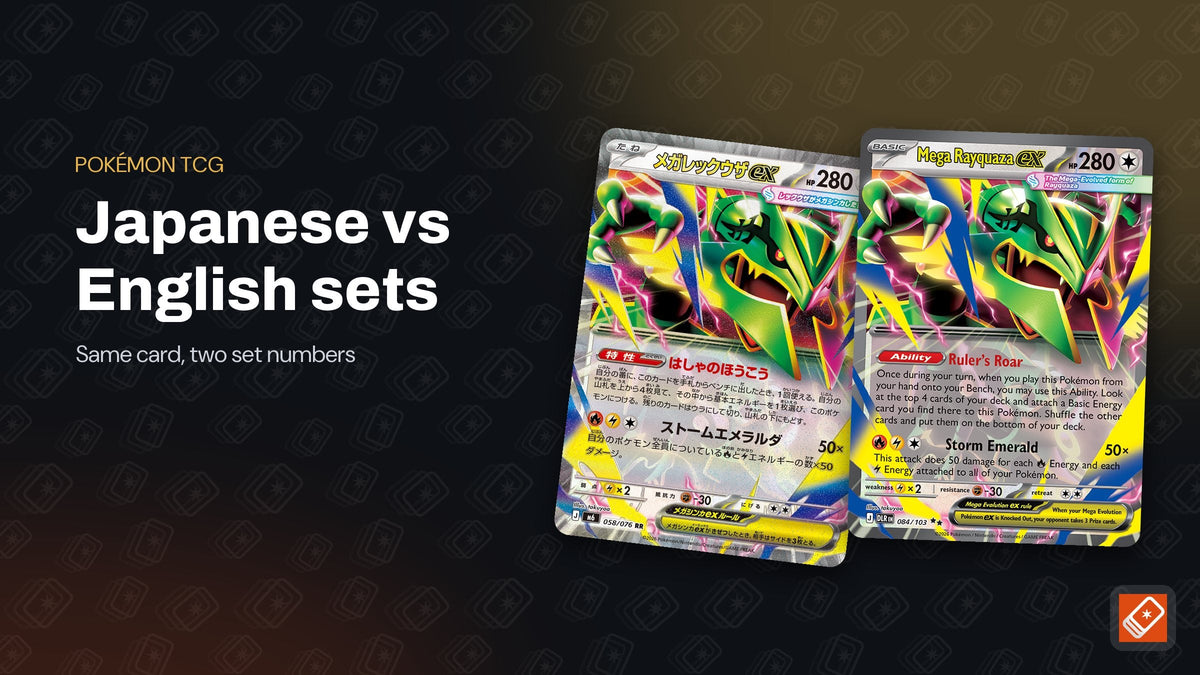 Japanese Mega Rayquaza ex from Storm Emeralda (058/076) next to the English Mega Rayquaza ex from Delta Reign (084/103)