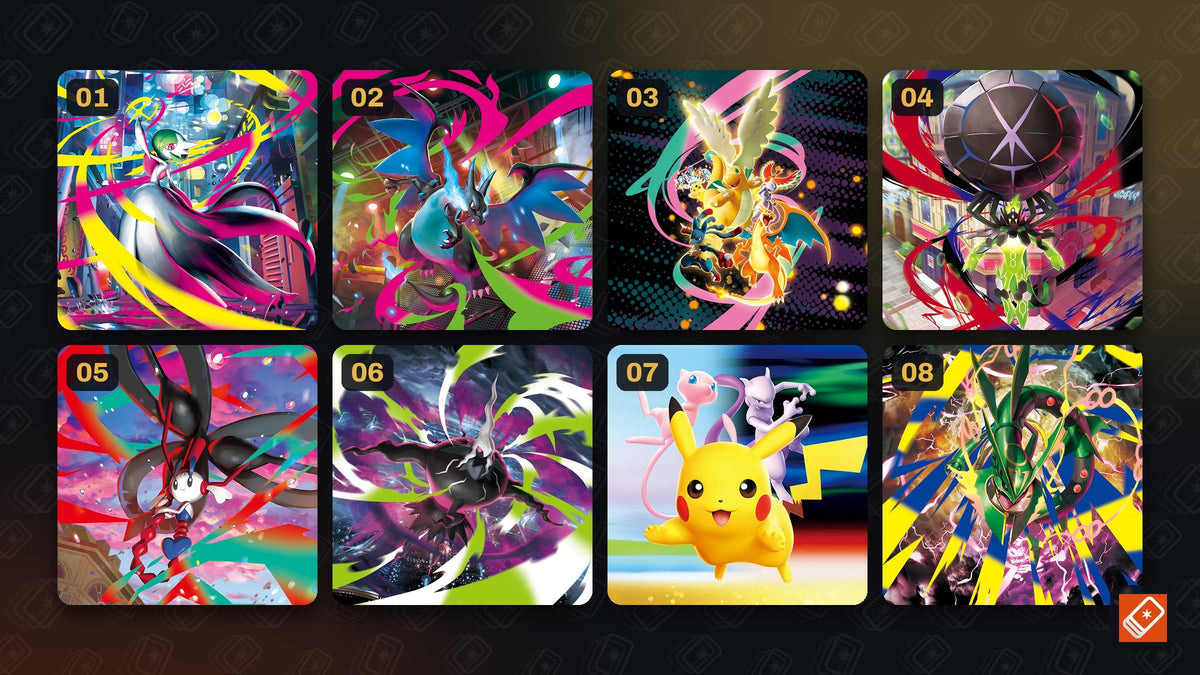 Key art from all eight Pokémon TCG Mega Evolution series sets, numbered in release order from Mega Evolution to Delta Reign