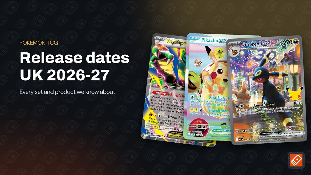 Mega Rayquaza ex, Pikachu ex and Umbreon ex Pokémon cards beside the headline Release dates UK 2026-27