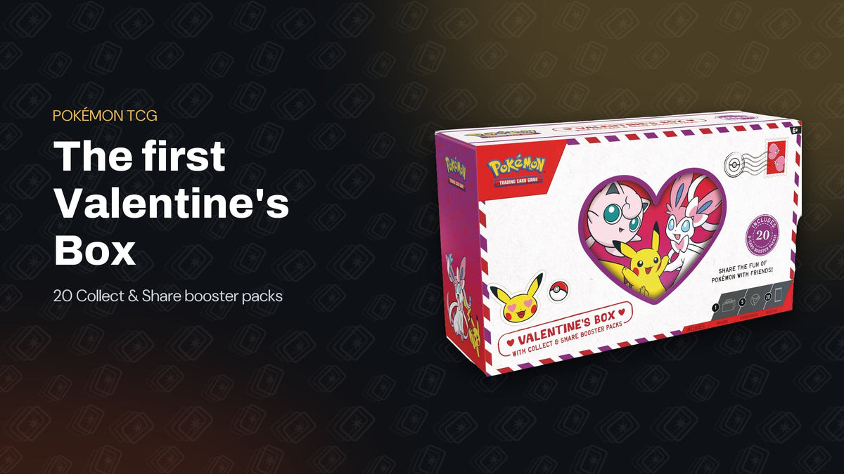 Pokémon TCG Valentine's Box with Collect and Share Booster Packs, featuring Jigglypuff, Pikachu and Sylveon