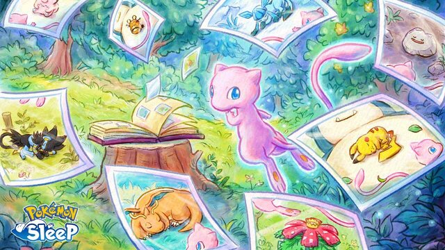 Mew surrounded by colourful Pokémon Sleep research photos and snapshots in a dreamy forest setting