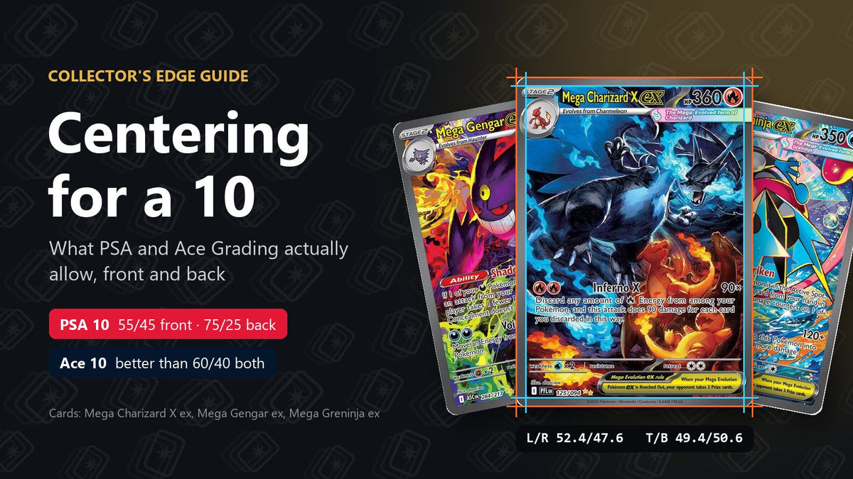 Mega Charizard X ex from Phantasmal Flames measured with the centering tool at 52.4/47.6 left to right, with Mega Gengar ex and Mega Greninja ex behind