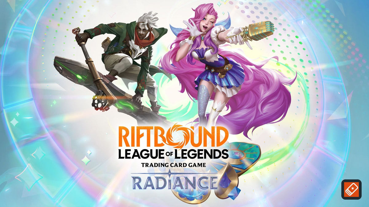 Riftbound Radiance key art with Ekko and Seraphine above the Riftbound League of Legends Trading Card Game Radiance logo