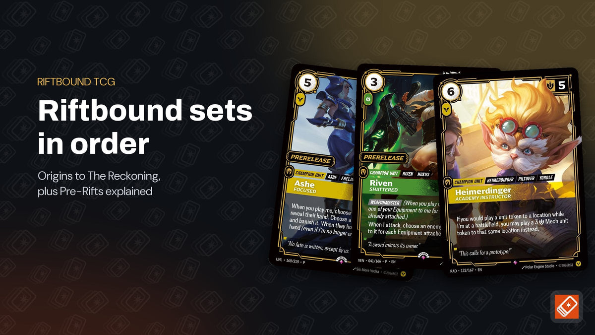 Riftbound Pre-Rift promo cards Ashe Focused, Riven Shattered and Heimerdinger Academy Instructor fanned on a dark Collector's Edge tile