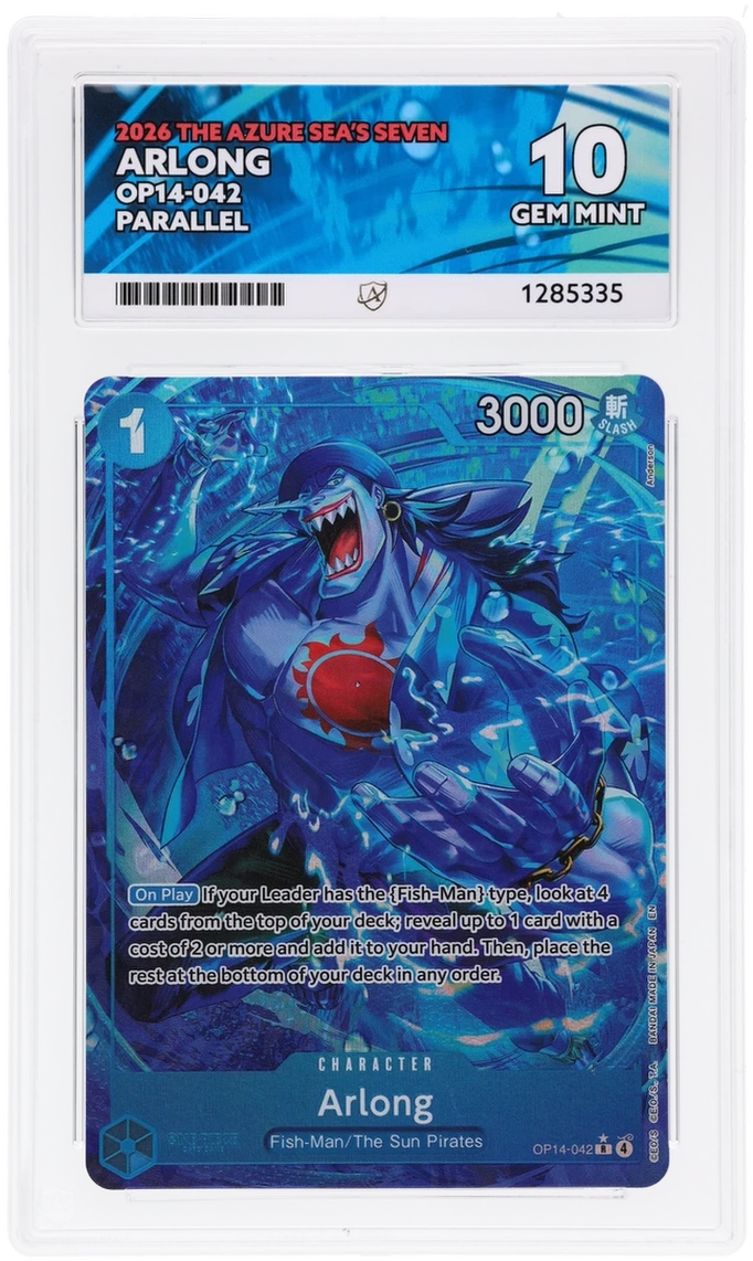 Arlong OP14-042 The Azure Sea's Seven Ace Grading 10, close-up front view of the certified slab