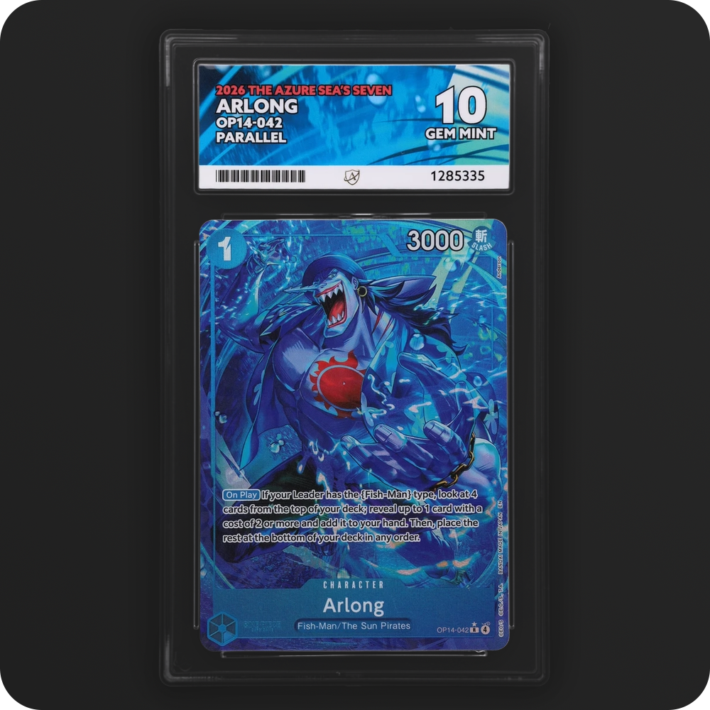 Arlong OP14-042 The Azure Sea's Seven Ace Grading 10, front of the graded slab