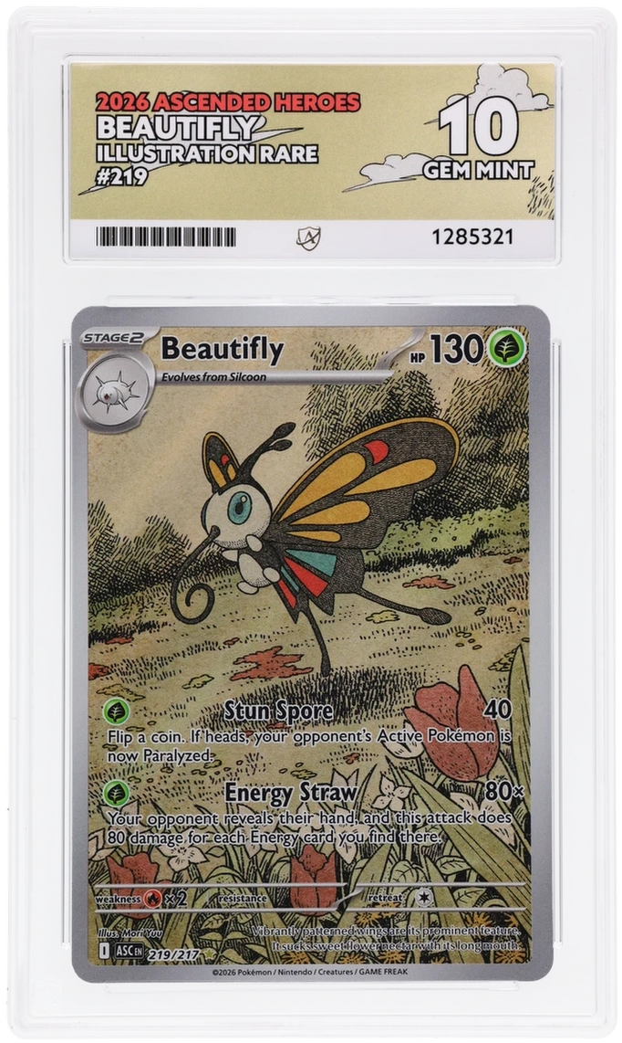 Beautifly 219/217 Ascended Heroes Ace Grading 10, close-up front view of the certified slab