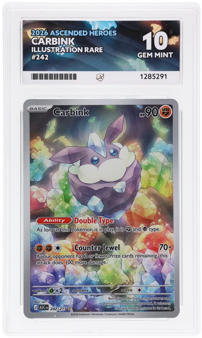 Carbink 242/217 Ascended Heroes Ace Grading 10, close-up front view of the certified slab
