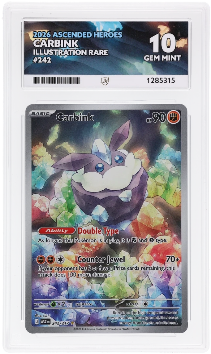 Carbink 242/217 Ascended Heroes Ace Grading 10, close-up front view of the certified slab