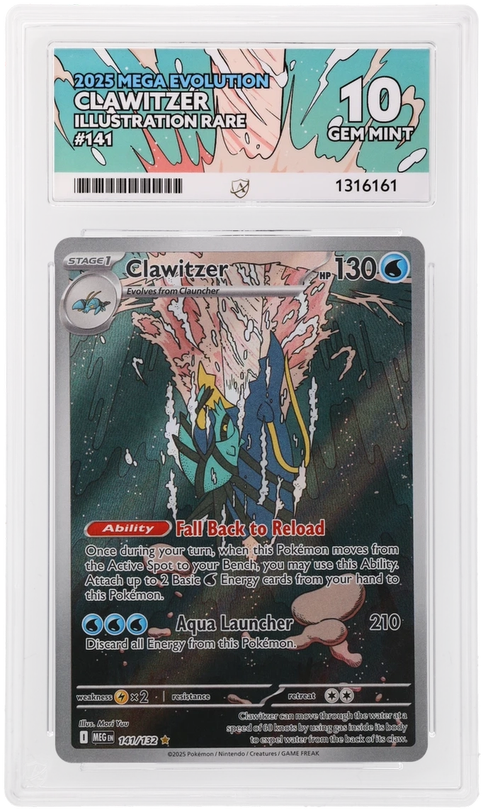 Clawitzer 141/132 Mega Evolution Ace Grading 10 — close-up front view of the certified slab