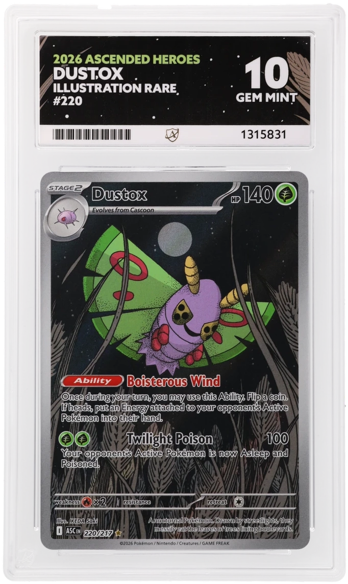 Dustox 220/217 Ascended Heroes Ace Grading 10, close-up front view of the certified slab
