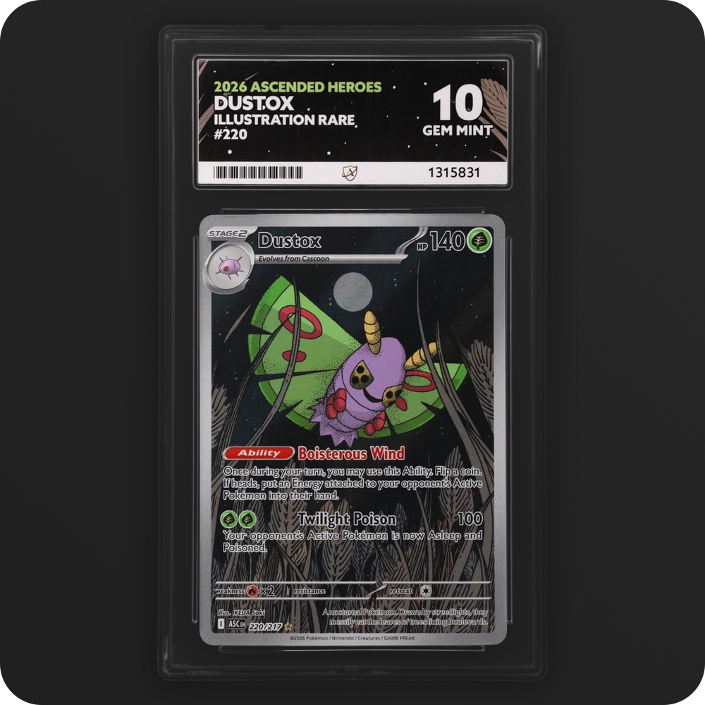 Dustox 220/217 Ascended Heroes Ace Grading 10, front of the graded slab