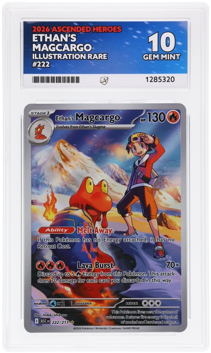 Ethan’s Magcargo 222/217 Ascended Heroes Ace Grading 10, close-up front view of the certified slab