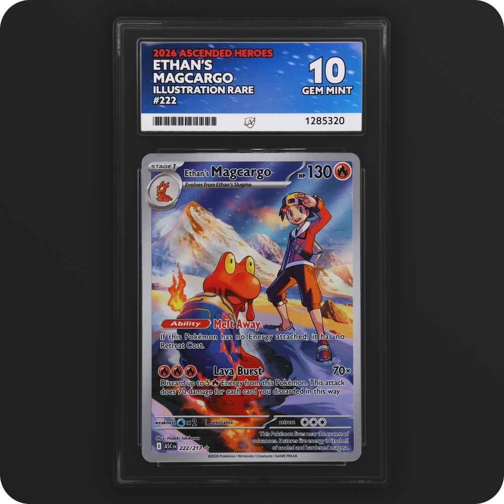Ethan’s Magcargo 222/217 Ascended Heroes Ace Grading 10, front of the graded slab