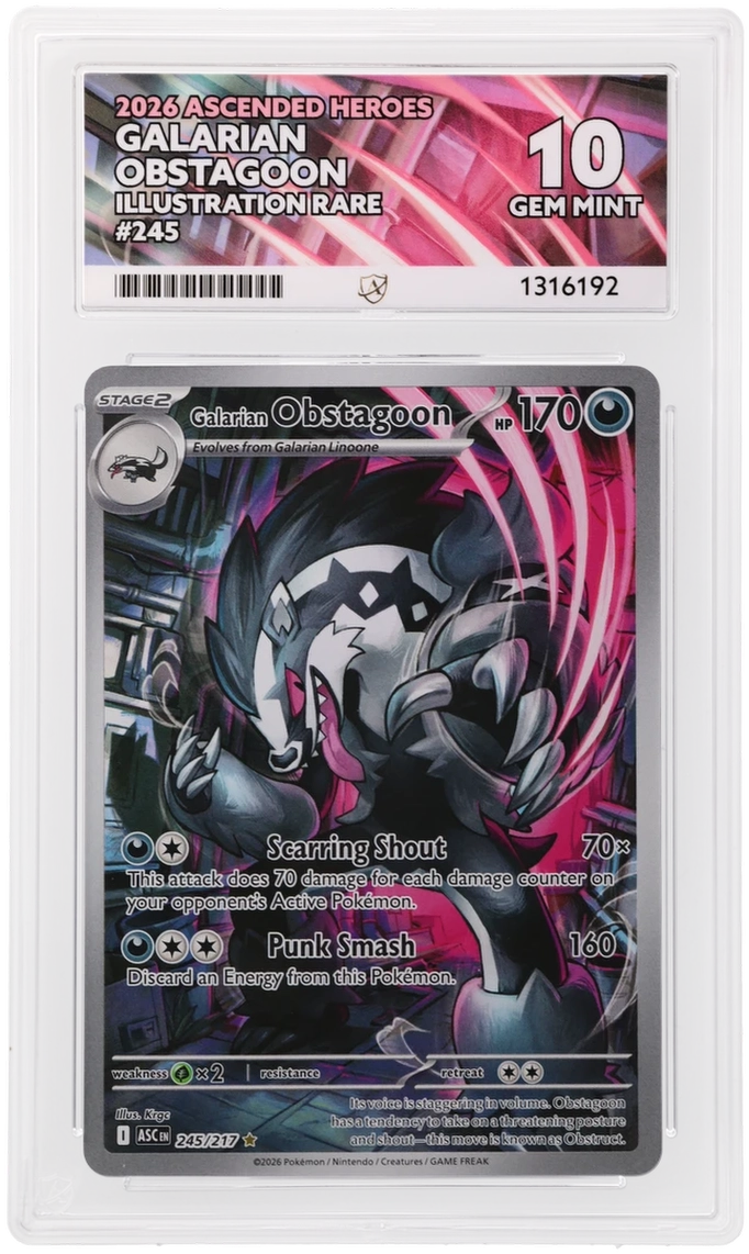 Galarian Obstagoon 245/217 Ascended Heroes Ace Grading 10, close-up front view of the certified slab