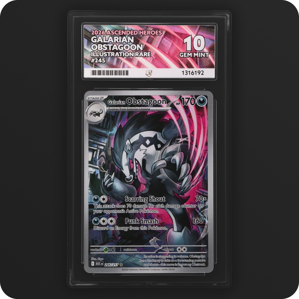 Galarian Obstagoon 245/217 Ascended Heroes Ace Grading 10, front of the graded slab