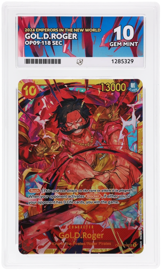 Gol.D.Roger OP09-118 Emperors In The New World Ace Grading 10, close-up front view of the certified slab